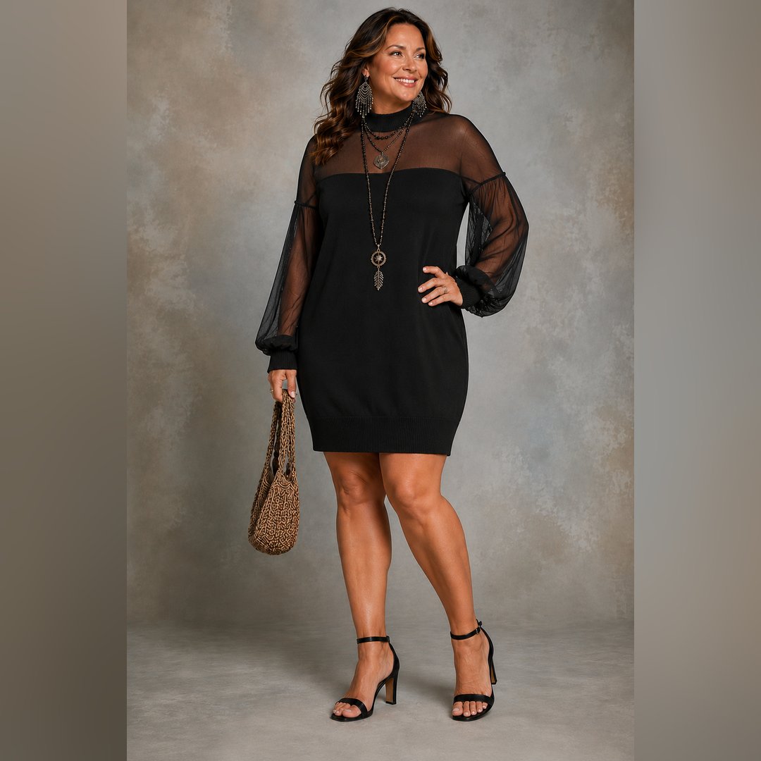 Farina | Black Mesh-Sleeve Mini Dress