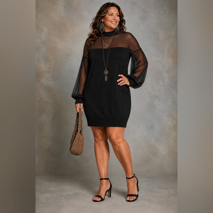 Farina | Black Mesh-Sleeve Mini Dress