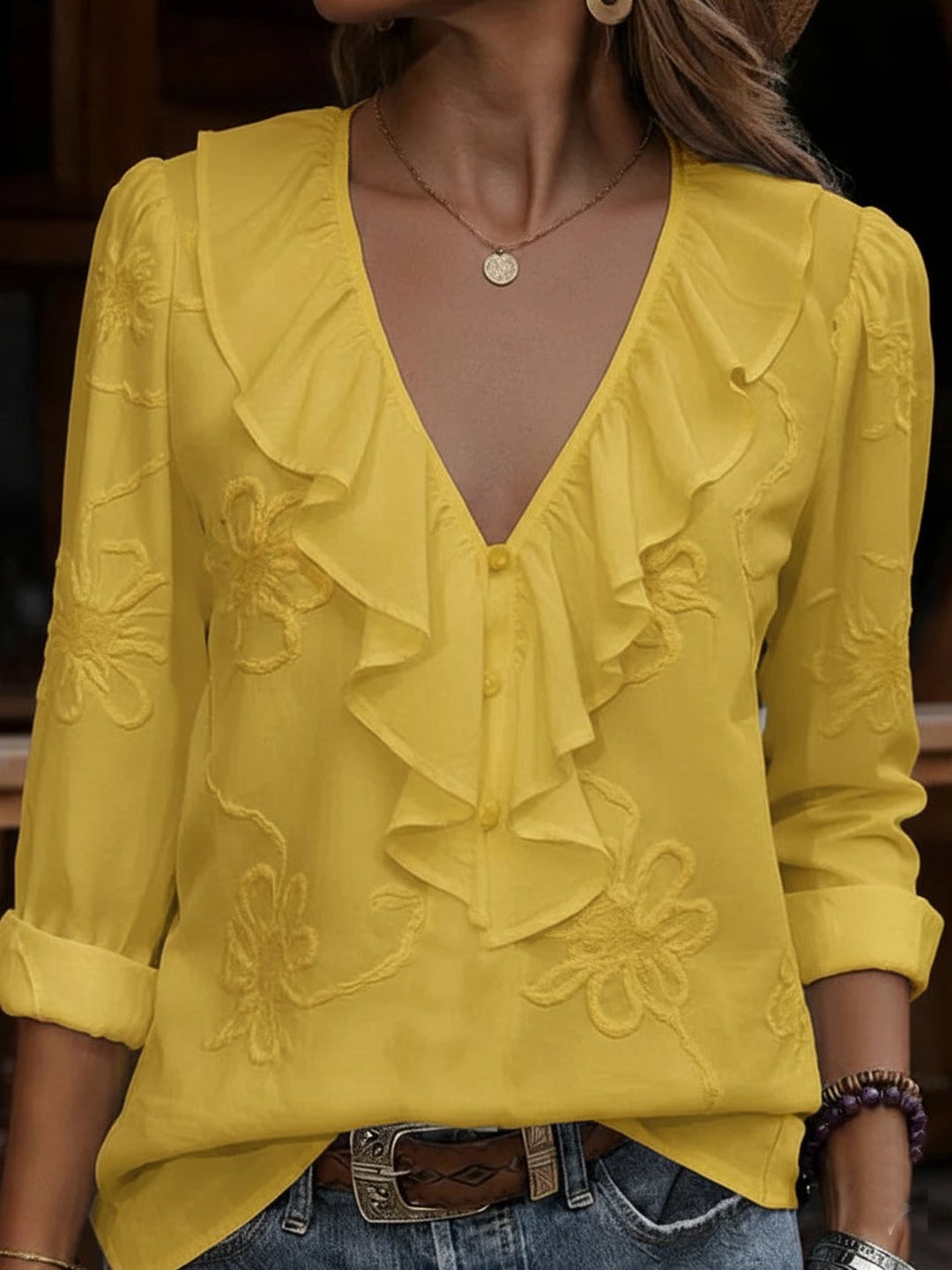 Veronique | Vintage Floral Embroidered Frill V-Neck Shirt