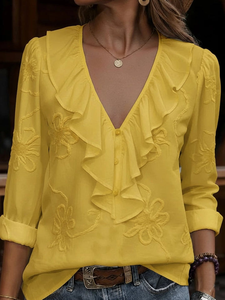 Veronique | Vintage Floral Embroidered Frill V-Neck Shirt