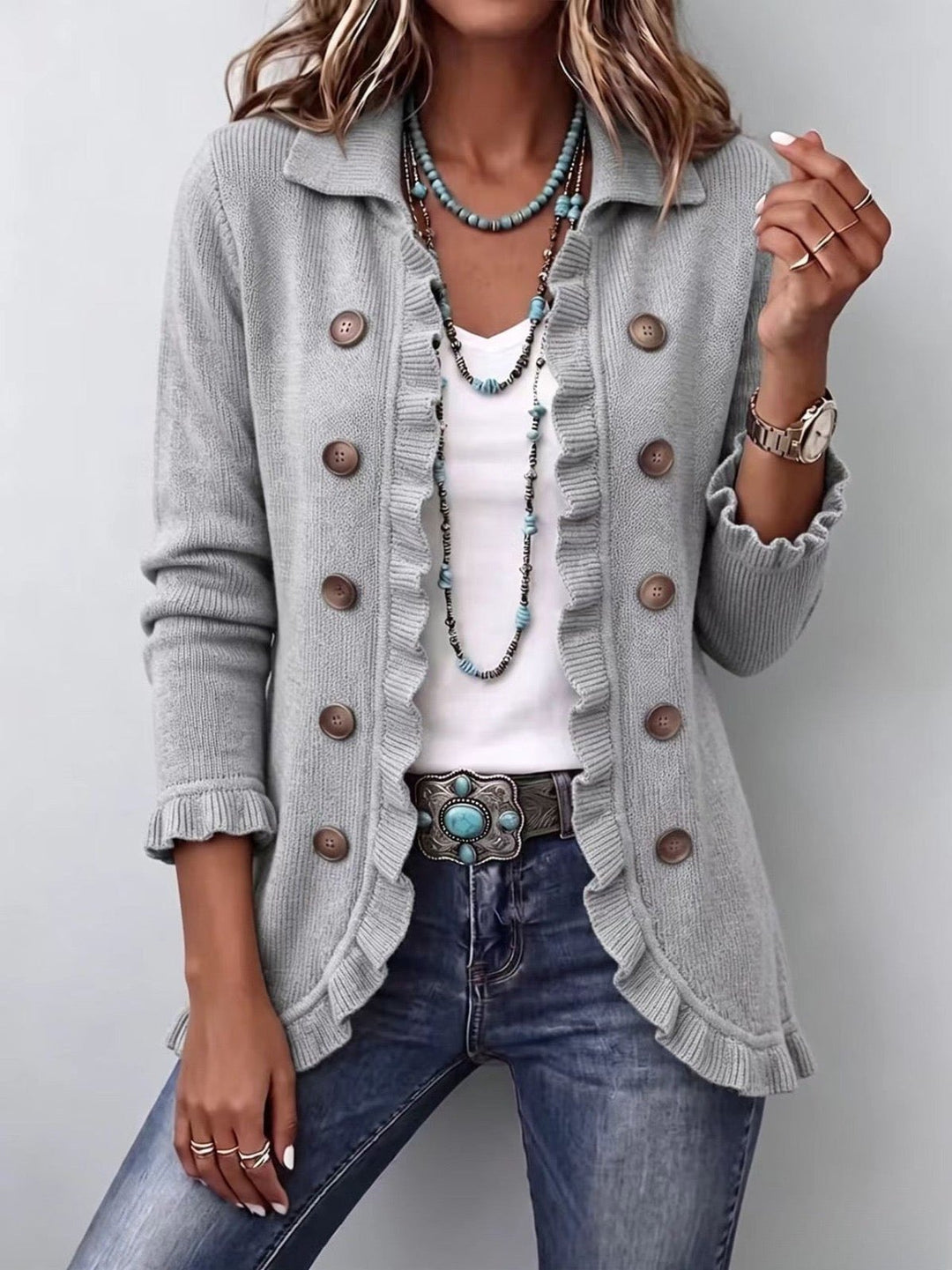 Rhona | Heather Grey Ribbed Knit Ruffle Jacket