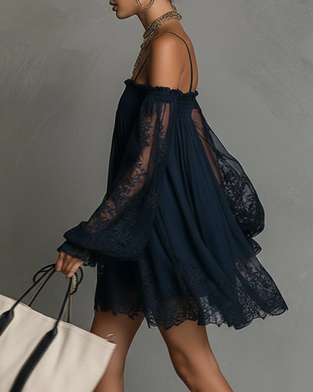 Ferelith | Navy Lace Chiffon Mini Dress