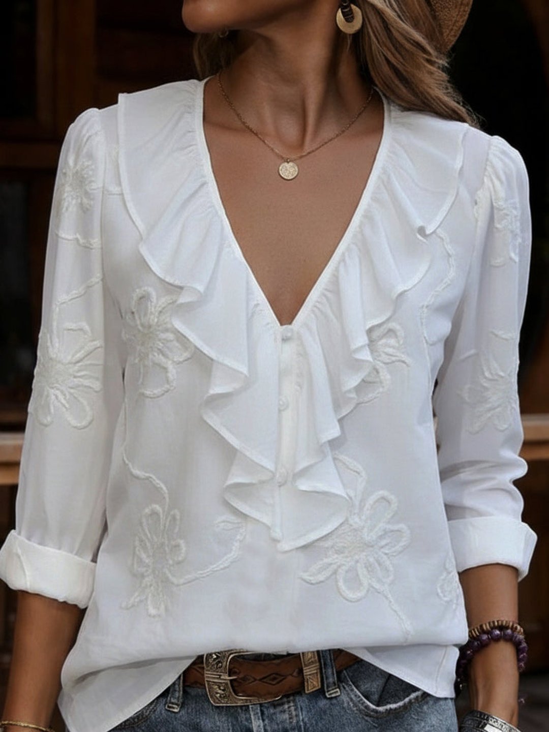 Veronique | Vintage Floral Embroidered Frill V-Neck Shirt