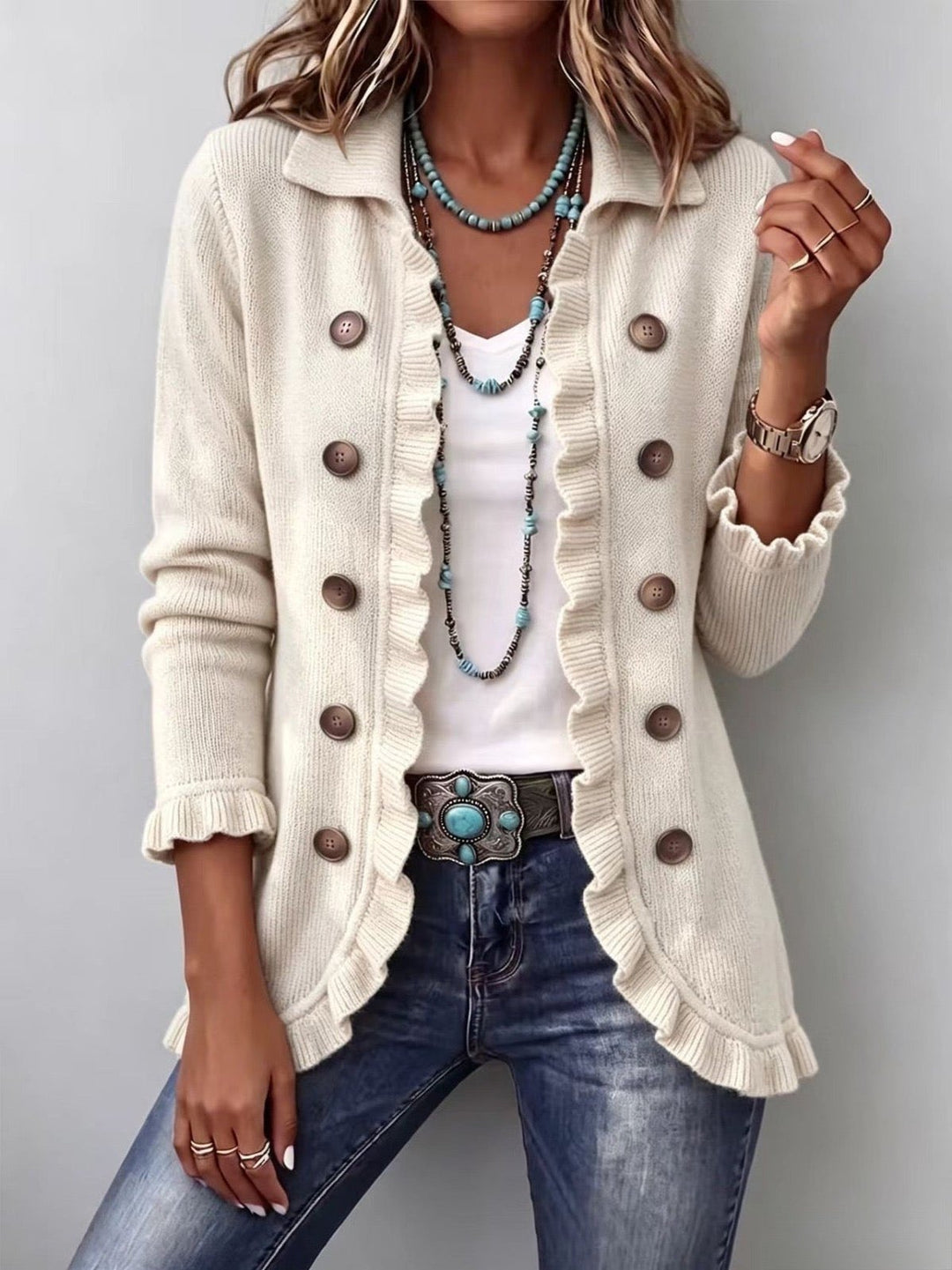 Trudie | Ivory Ribbed Knit Ruffle Jacket
