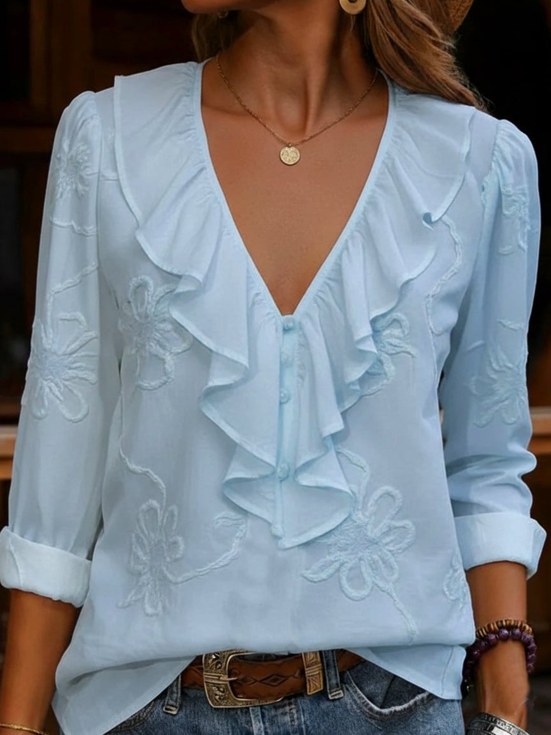 Veronique | Vintage Floral Embroidered Frill V-Neck Shirt