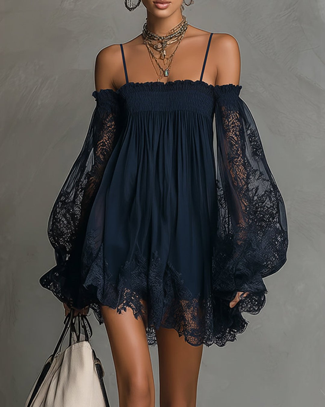 Ferelith | Navy Lace Chiffon Mini Dress