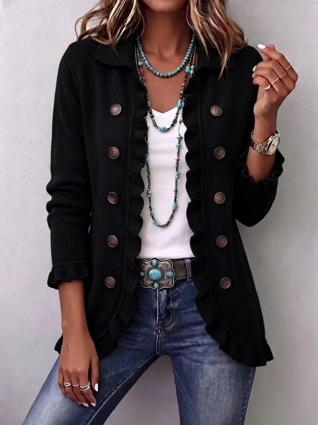 Bunty | Jet Black Ribbed Knit Ruffle Jacket
