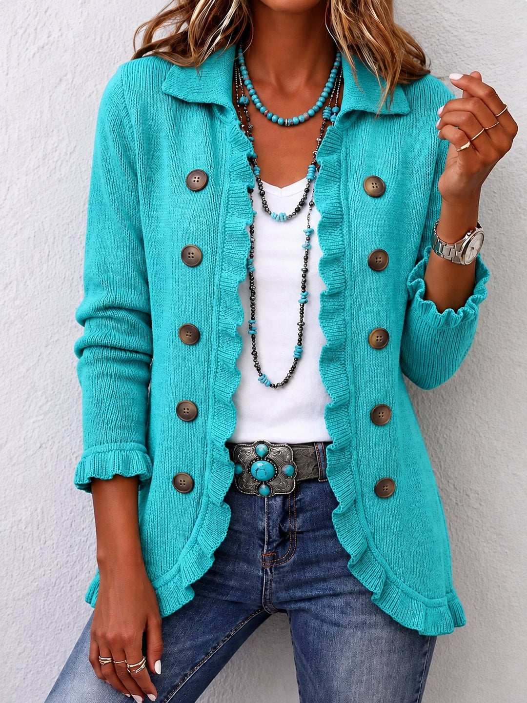 Desdemona | Turquoise Ribbed Knit Ruffle Jacket