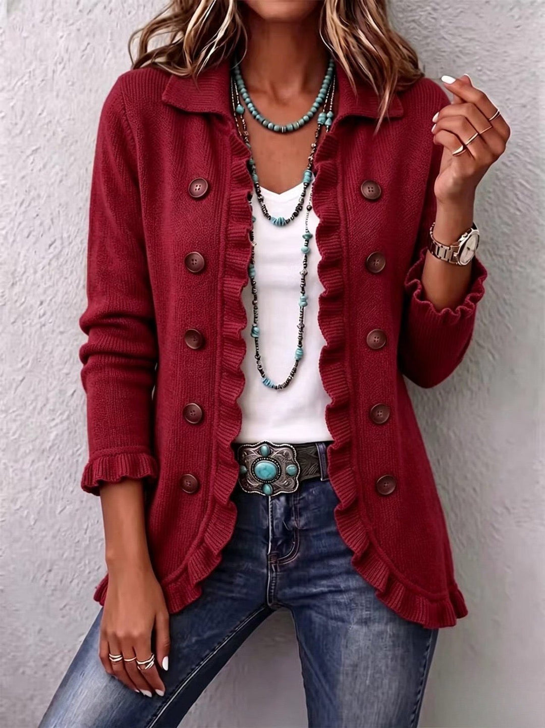 Polly | Ruby Red Ribbed Knit Ruffle Jacket