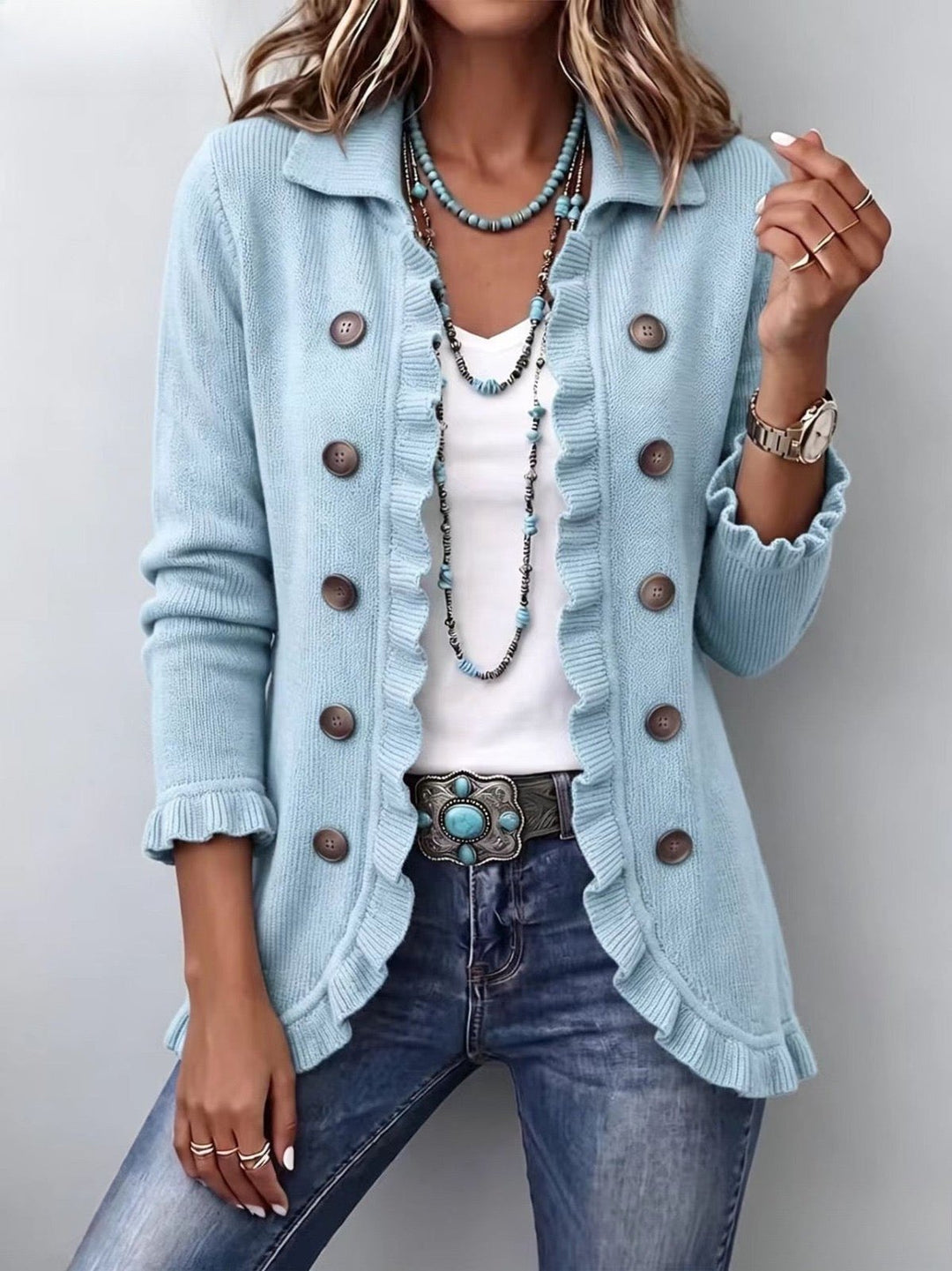 Doreen | Powder Blue Ribbed Knit Ruffle Jacket