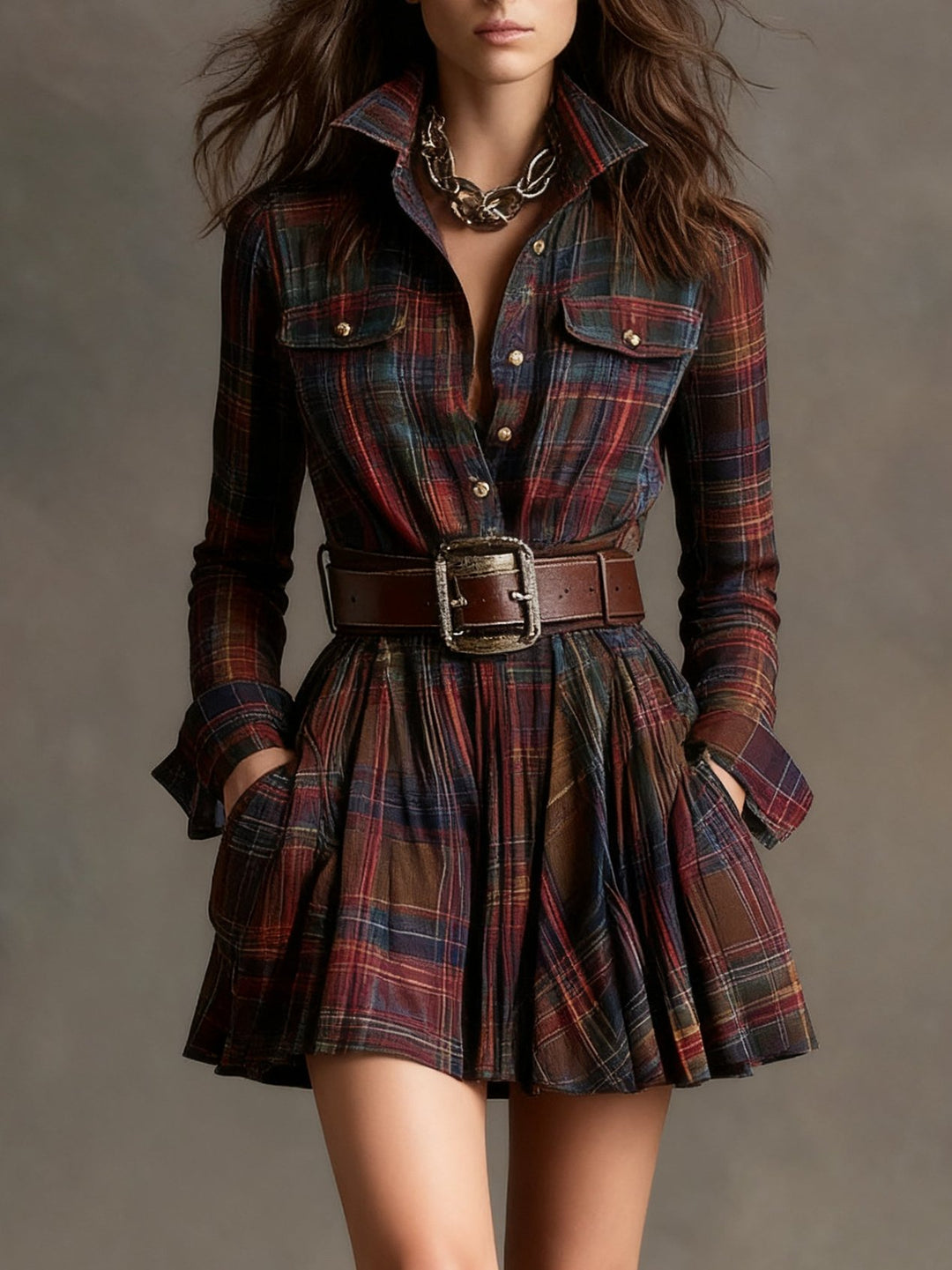 Bridgit | Red and Brown Checked Mini Dress