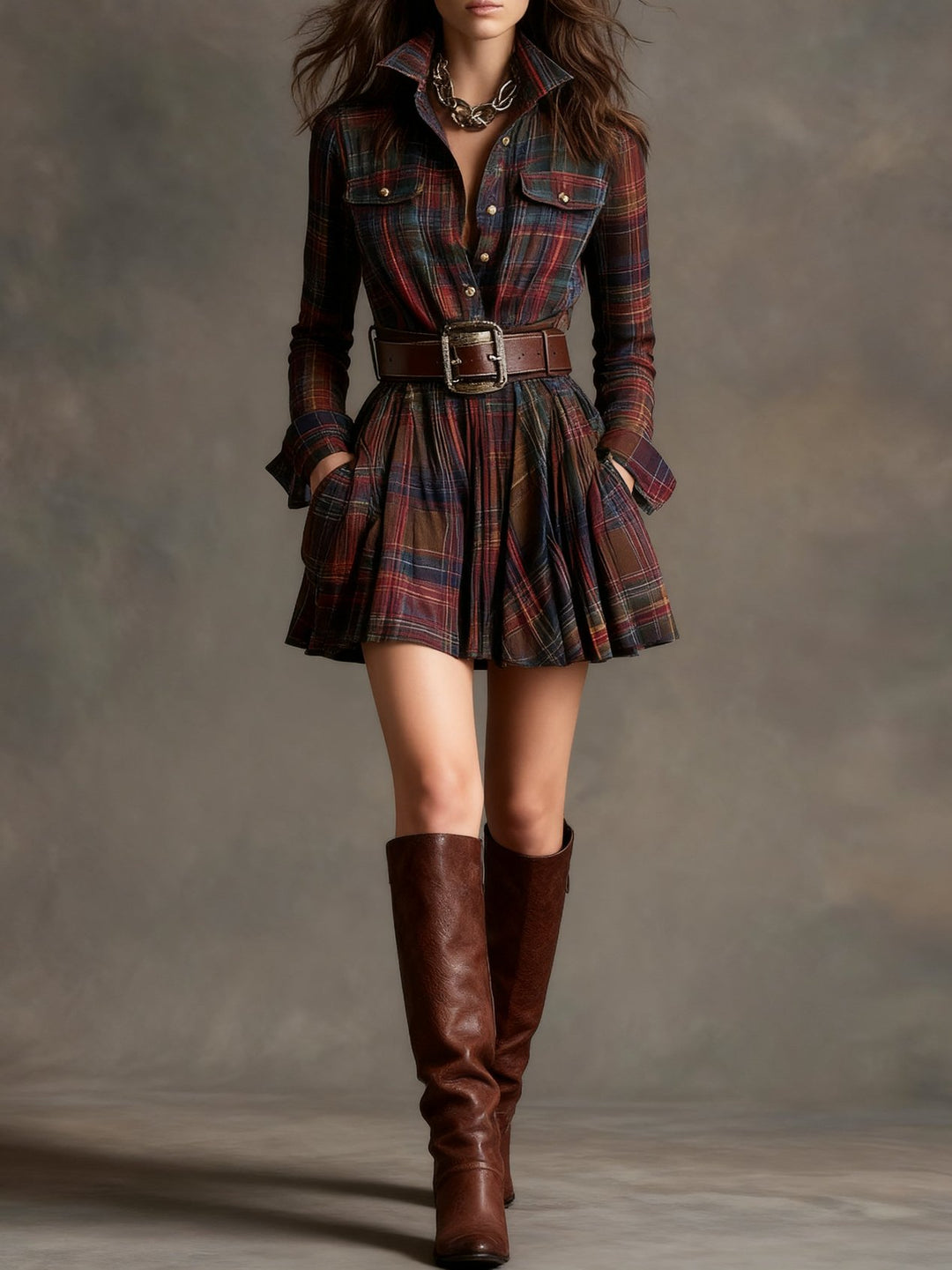 Bridgit | Red and Brown Checked Mini Dress