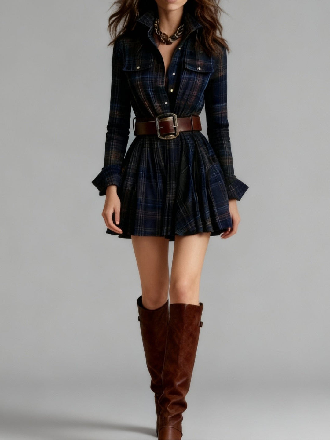 Bridgit | Red and Brown Checked Mini Dress