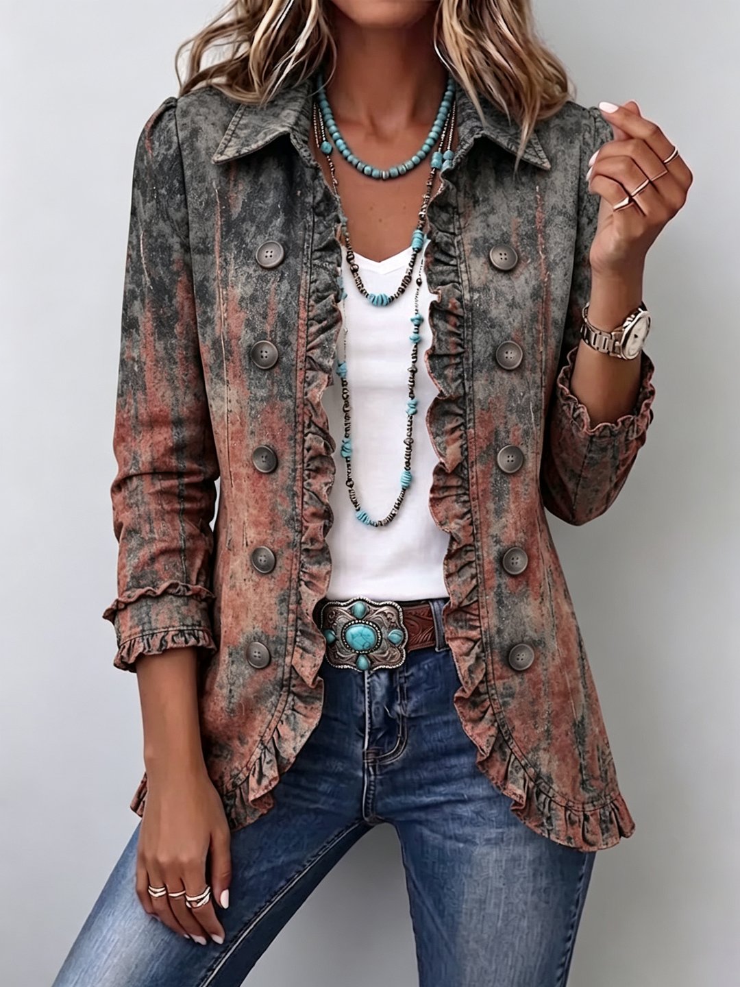 Georgiana | Vintage Gradient Textured Print Ruffle Jacket