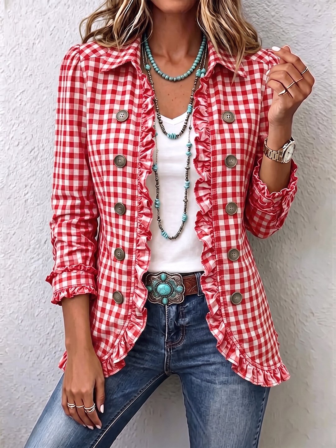 Keisha | Gingham Ruffled Button-Down Jacket