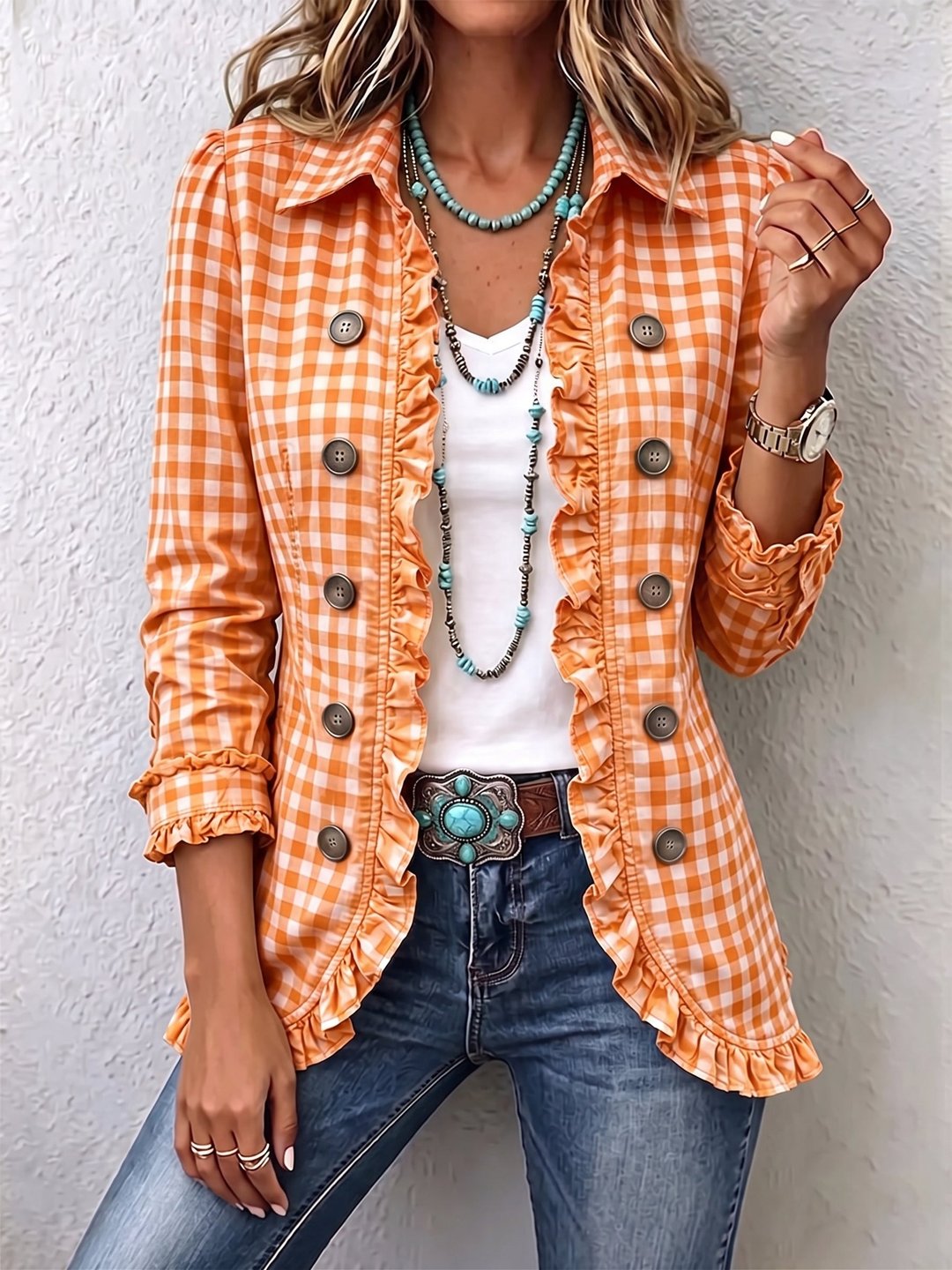 Keisha | Gingham Ruffled Button-Down Jacket