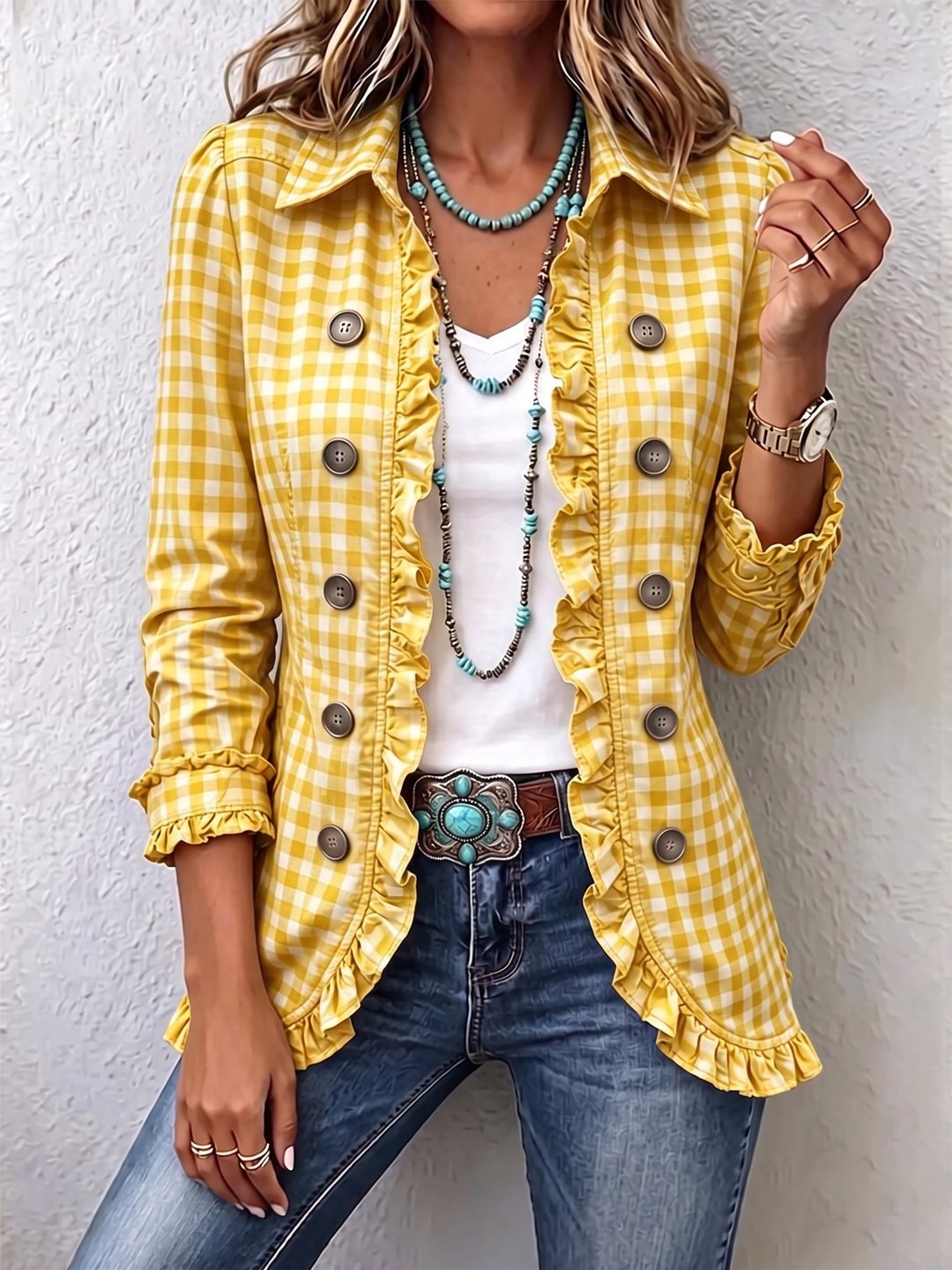 Keisha | Gingham Ruffled Button-Down Jacket