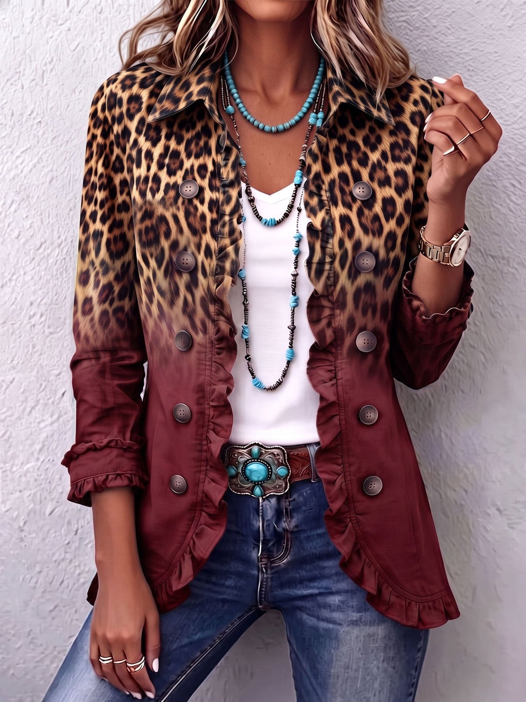 Briony | Leopard Ombre Ruffle Blazer Jacket