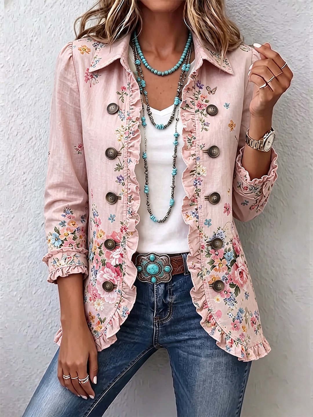 Dolores | Floral Ruffle Button-Front Jacket