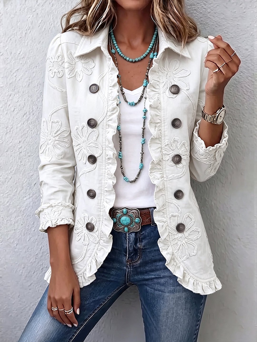 Nuala | Ivory Floral Embroidered Utility Ruffled Trim Jacket